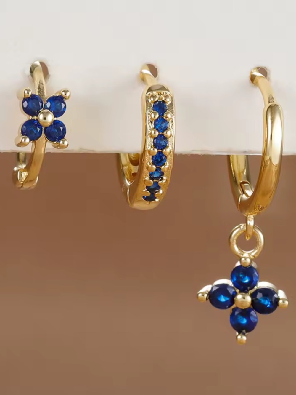 Gold-Plated Blue Crystal Huggie Hoop Earrings - Set of 3